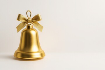Golden Christmas bell ornament with bow on clean white background with soft lighting and space for text concept of holiday celebration luxury and new year