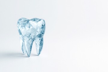 Crystal tooth on clean white background with soft lighting and space for text concept of dental health cleanliness and medical care
