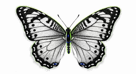 Elegant monochrome butterfly illustration with vintage halftone texture effect
