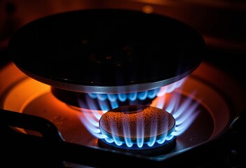 Close-up of a gas stove burner with blue flames illuminating the dark kitchen, showcasing energy efficiency and modern cooking technology
