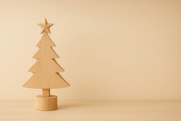 Minimalist wooden Christmas tree with star on beige gradient background with space for text, clean festive scene for eco-friendly seasonal design and premium holiday branding visuals