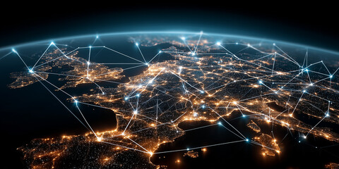Disruptive innovation in management strategies europe digital network visualization nighttime aerial viewpoint