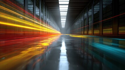 Obraz premium Data center corridor with abstract light trails and reflections