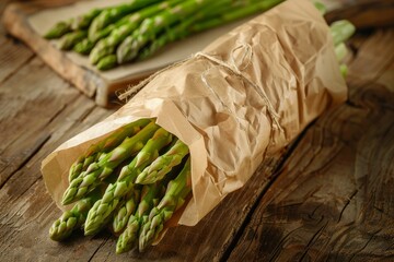 Fresh Asparagus Bundles Tied with Twine, Ready for Cooking on a Rustic Wooden Table with Brown Paper