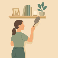 Flat vector illustration of a woman cleaning and dusting a shelf with books, photo frame, and plant. Perfect for home care, cleaning services, or housekeeping design projects.