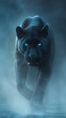 Black panther with glowing blue eyes walking in misty darkness.