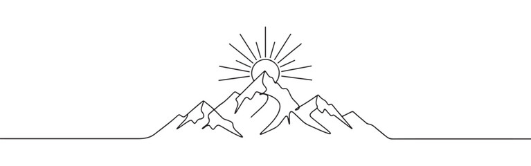 Mountains and sun continuous one line drawing. Hand drawn sunset panoramic view.