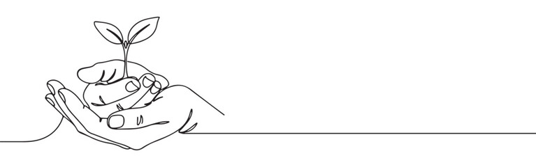 Continuous one-line drawing of hands holding a growing seedling, symbolizing protection, growth, nature, and environmental care in a minimalist style.