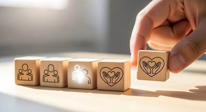 Hand placing wooden cube with hands holding heart icon, symbolizing care, community, and support, alongside people icons. - Powered by Adobe