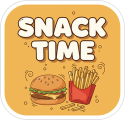 Funny 'Snack Time' Retro Food Illustration Vector Graphic with Fries, Hotdog, and Popcorn for Fast Food Menu or Sticker Design