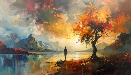 A solitary figure stands by a tranquil lake, gazing at a vibrant, fiery tree under a dramatic, colorful sky.