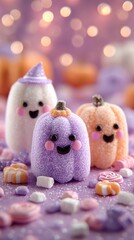 Colorful Halloween gummy candies in pastel shades. Three cute kawaii figures of ghost and pumpkins with smiling faces