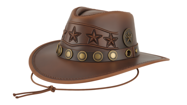 Authentic distressed leather cowboy hat with intricate star and medallion details, perfect for Western themes and adventurous spirit