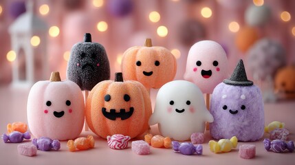 Colorful Halloween sweets including cute kawaii ghost and pumpkin figures. Pastel colors and candy, creating a festive atmosphere.