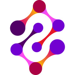 Abstract Symmetrical Molecule Connection Design with Purple Pink Yellow and Red Gradient Colors on Transparent Background