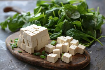 Vibrant Still Life Featuring Tofu Cubes, Fresh Greens, and Colorful Protein-rich Ingredients
