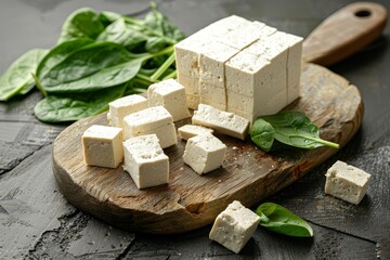 Fresh Tofu Cubes on Wooden Cutting Board with Green Spinach, Healthy Meal Preparation Ingredients