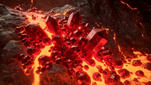 Molten Lava River Flows With Volcanic Red Crystal Formation