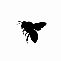 Silhouette of a bee with wings spread, isolated on white background.