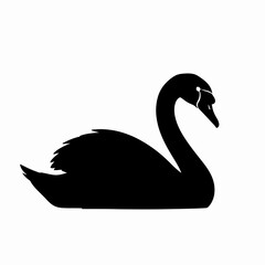 A simple yet elegant silhouette of a black swan, depicted in a side profile view on a white background.