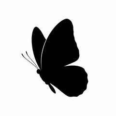 Elegant black silhouette of a butterfly in flight against a clean white background, showcasing its delicate wings and body.
