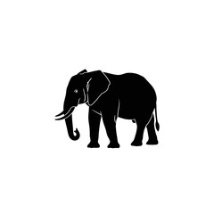 A black silhouette of an elephant standing on a white background, showcasing its tusks and large ears.