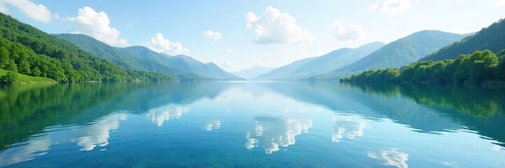 Tranquil Lake Landscape Serene Reflections of a Clear Sky, Gentle Ripples, Lush Green Hills ? Perfect for Relaxation and Meditation