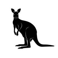 Black silhouette of a standing kangaroo, a marsupial native to Australia, depicted in a graphic style with clean lines.