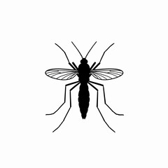 Black and white silhouette of a mosquito with detailed wings and legs, isolated.