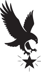 Blad eagle eith American flag print on wings diving for a patrietic ribbon. 4th july Independence Day Clipart, Emblem soaring bird usa banner image airfoil hunting red white blue band.