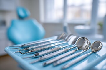 Close-up of sterile dental instruments on a tray in a clean dental clinic.