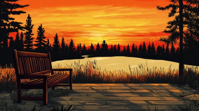 A view of a bench with a natural landscape at dusk. 4K animated video