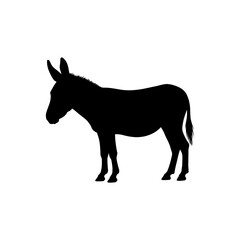 A simple black silhouette of a standing donkey, isolated against a plain white background.