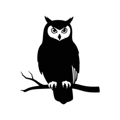 A silhouette of a wise owl perched on a bare tree branch against a white background.