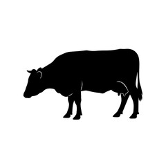Black silhouette of a domestic cow with an udder, standing in profile on a white background, representing farm animals.