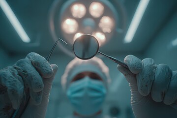 Patient's view of dentist holding tools under bright operating light.