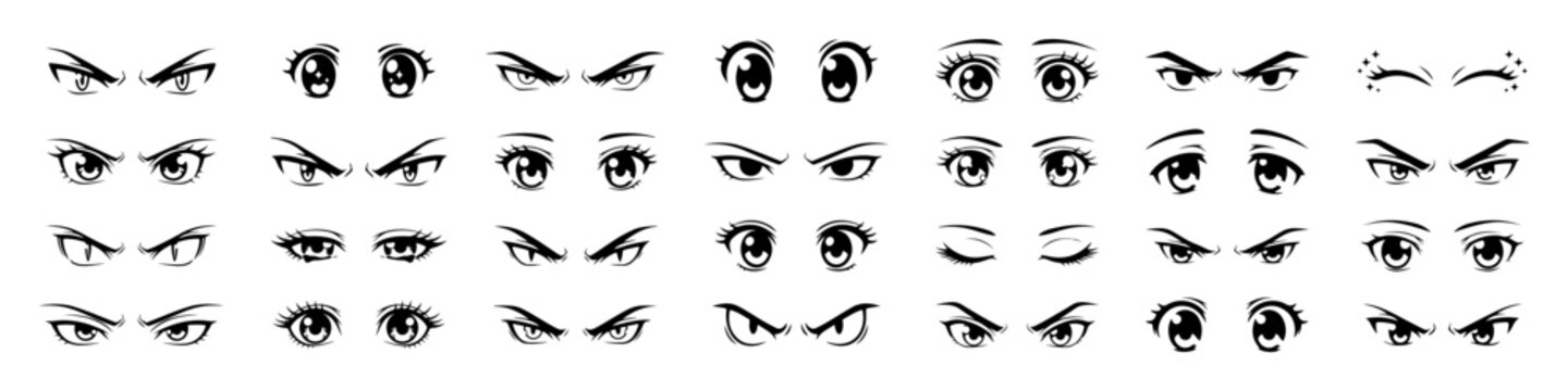 Large collection of black and white cartoon eyes with various expressions, perfect for animation and character design, conveying a wide range of emotions.