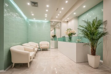 Modern and tranquil reception area with mint green tiles and comfortable seating