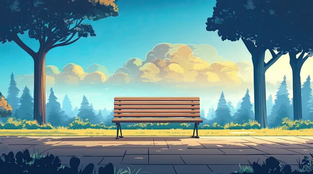 A view of a bench near a forest. 4K animated video