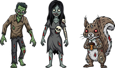 PrintCreepy zombie man, undead woman, and zombie squirrel cartoon illustration, horror character design for Halloween, spooky monster art, undead creatures