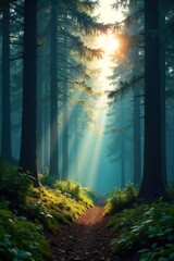 Mystical Sunlight Dapples Through Dense Pine Forest, Creating a Serene and Tranquil Landscape - Perfect for Nature, Travel, and Environmental Projects