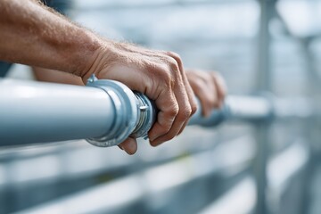 Close-up of hands inspecting hydroponic pipes in greenhouse, representing maintenance, technology and sustainability in smart farming