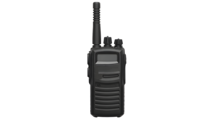 Modern black walkie talkie with digital display and robust antenna, essential for communication and safety