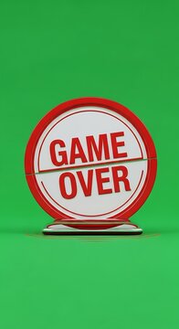 A 3D rendered graphic featuring a red circular sign with white inner circles and the words "GAME OVER" across the center, split