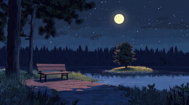 A view of a bench with a small island and the moon at night. 4K animated video