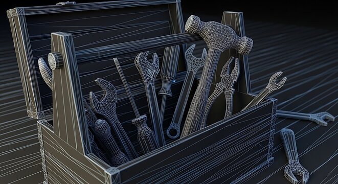 A 3D rendered wooden toolbox, its lid ajar, displaying various tools with a wireframe effect. Several tools are visible inside the box and also arranged outside