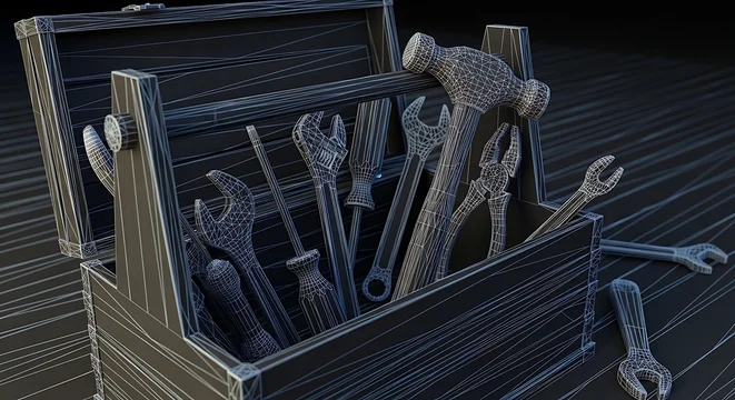 A 3D rendered wooden toolbox, its lid ajar, displaying various tools with a wireframe effect. Several tools are visible inside the box and also arranged outside