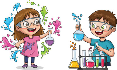 PrintKids doing fun science experiments, colorful chemistry lab for children, educational learning activity, wearing safety goggles, STEM concept illustration