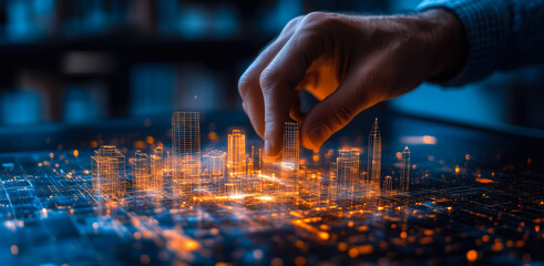 An architect brings architectural designs to life with 3D holographic construction models. Generative AI.