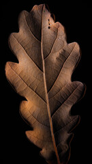 Dry oak leaf close-up on black background, autumn texture and light.